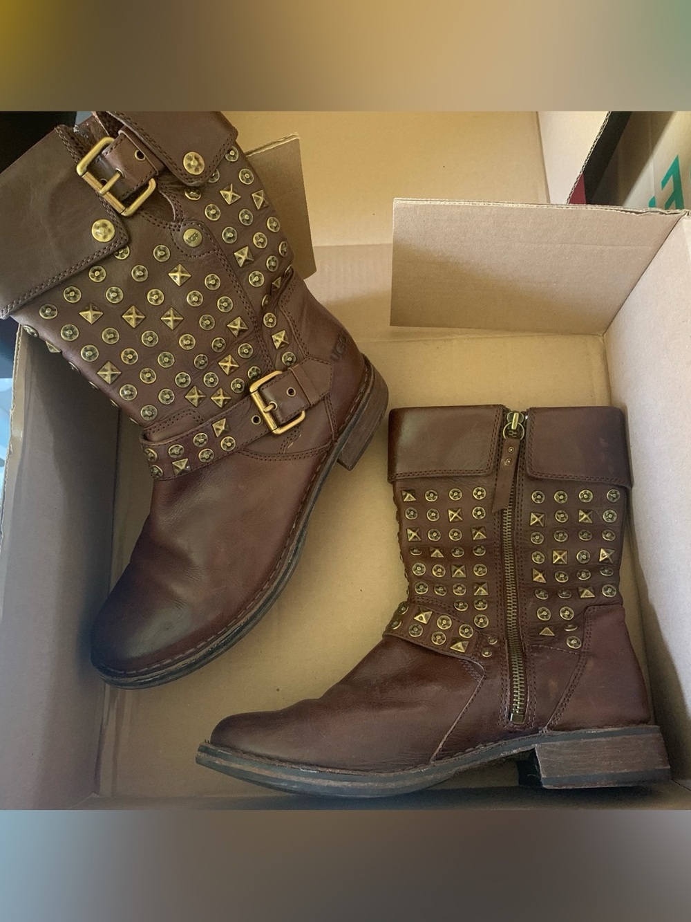 UGG Brown Leather Boots with Gold Studs